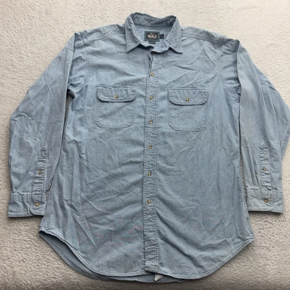 Woolrich Mens Blue Cotton Chamois Long Sleeve Button‎ Down Shirt L Made in USA